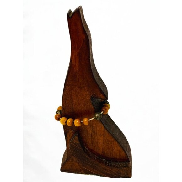 Small Wooden Howling Coyote Figurine Beaded Collar 5.5 Inch - Picture 1 of 10